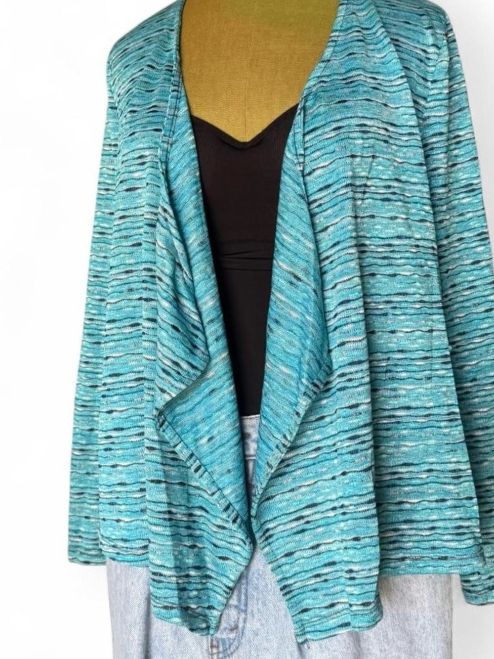 Jones New York Space Dye Drape Front Cardigan Shrug Aqua Blue Waterfall M